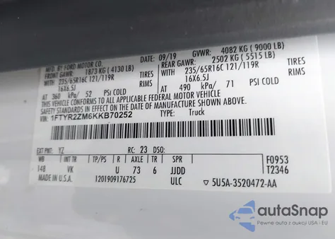 2019 Ford Transit-250 from USA, damaged, VIN 1FTYR2ZM6KKB70252